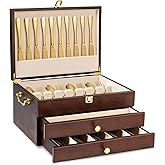 Yoimori Silverware Storage Box, 3-Layer Flatware Storage Case with Drawer, Wooden Silverware Chest with Handle and Linen Liner, Rustic Silverware Case for Storing Fine Flatware and Utensils (Walnut)