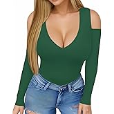 HERLOLLYCHIPS Womens Long Sleeve Tops Deep V Neck Cold Shoulder Tight Fitted Sexy Casual Fall Winter Tee T-Shirts