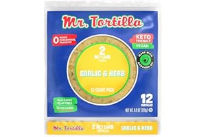 Mr. Tortilla Low Carb Keto Soft Taco Shells, Vegan, Quesadillas, Burritos, Heathy Bread Alternative, 2 Net Carbs, Delicious Small Batch Kosher Wraps - (Garlic & Herb, 12 Count)