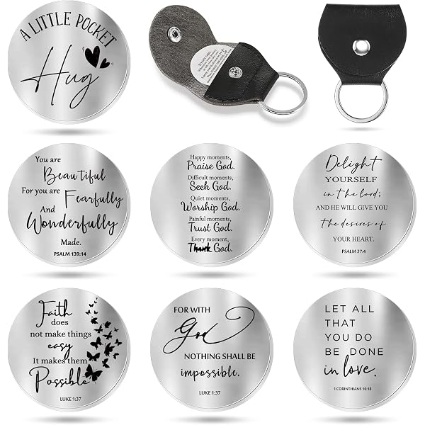 Therwen 20 Set Pocket Hug Tokens - Stainless Steel Inspirational Gift With PU Leather Keychain For Long Distance, Appreciation