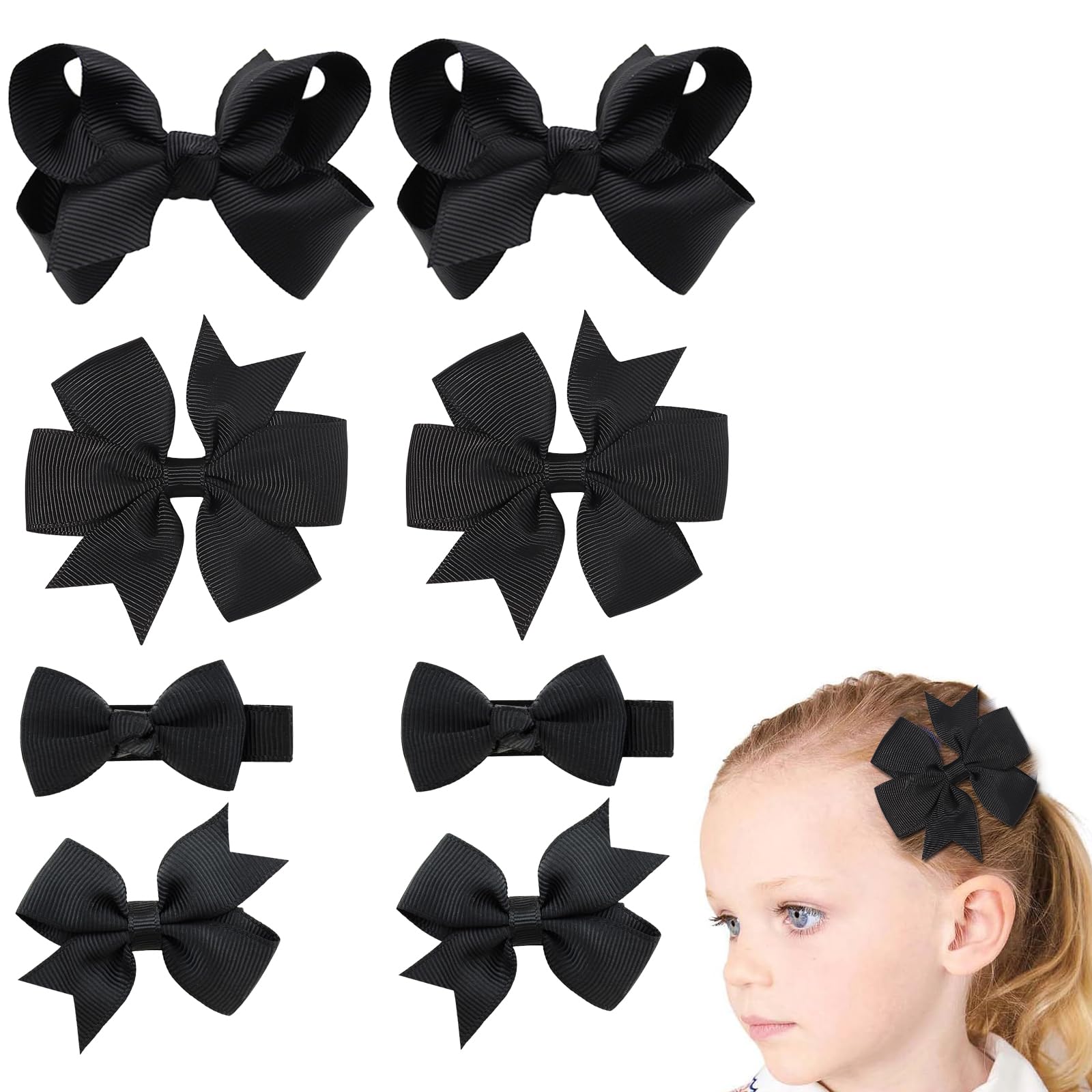Photo 1 of Baby Girls Hair Accessories Set, 8 PCS Fully Lined Baby Bows 2inch 3inch Hair Bows Alligator Clips for Baby Girls Infants Toddlers in Pairs (Black)