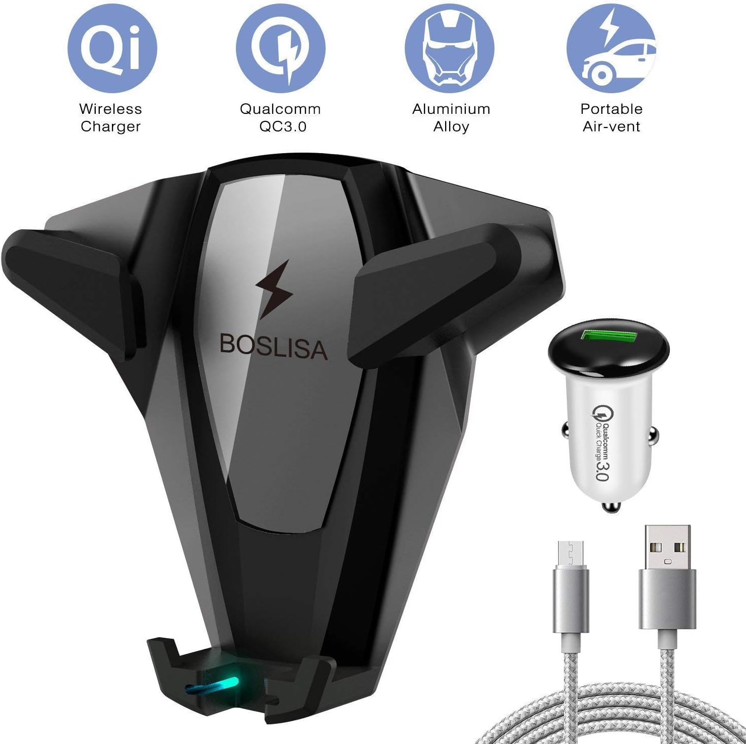 Wireless Car Charger, Qi Car Charger Mount, Boslisa X-MAN Wireless Fast Charger and Air Vent Phone Holder Dock, Compatible for Samsung Galaxy S9/S9+,S8/S8 Plus,S7/S7 Edge,Note8/5, iPhone XS Max XR X 8/8 Plus(Grey)