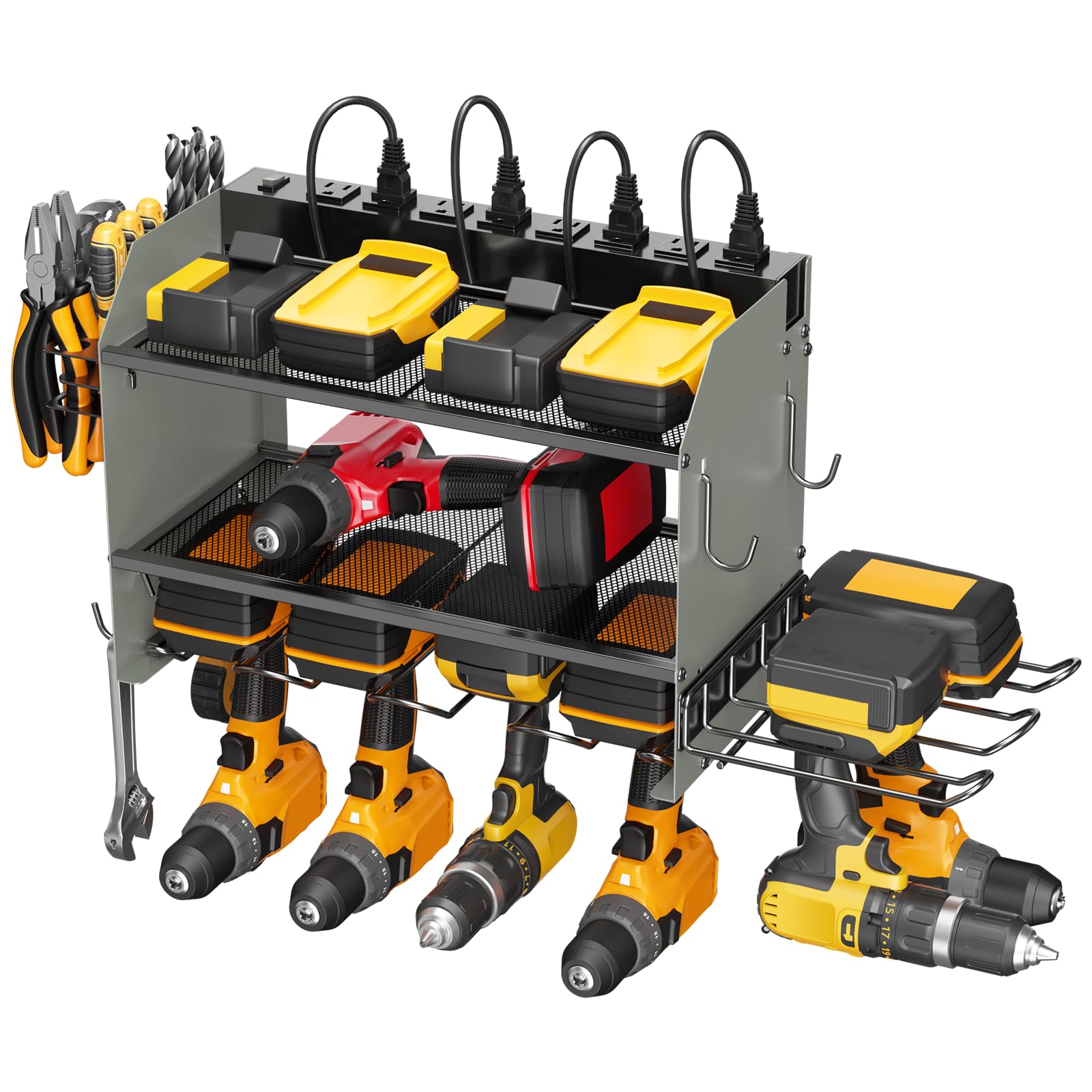CCCEI Modular Power Tool Organizer Wall Mount Charging Station, Grey 6 Drills Holder with 8 Plug Power Strip 10FT, Garage Drill Battery Heavy Duty Metal Shelf, Utility Rack with Hooks, Side Storage. Image