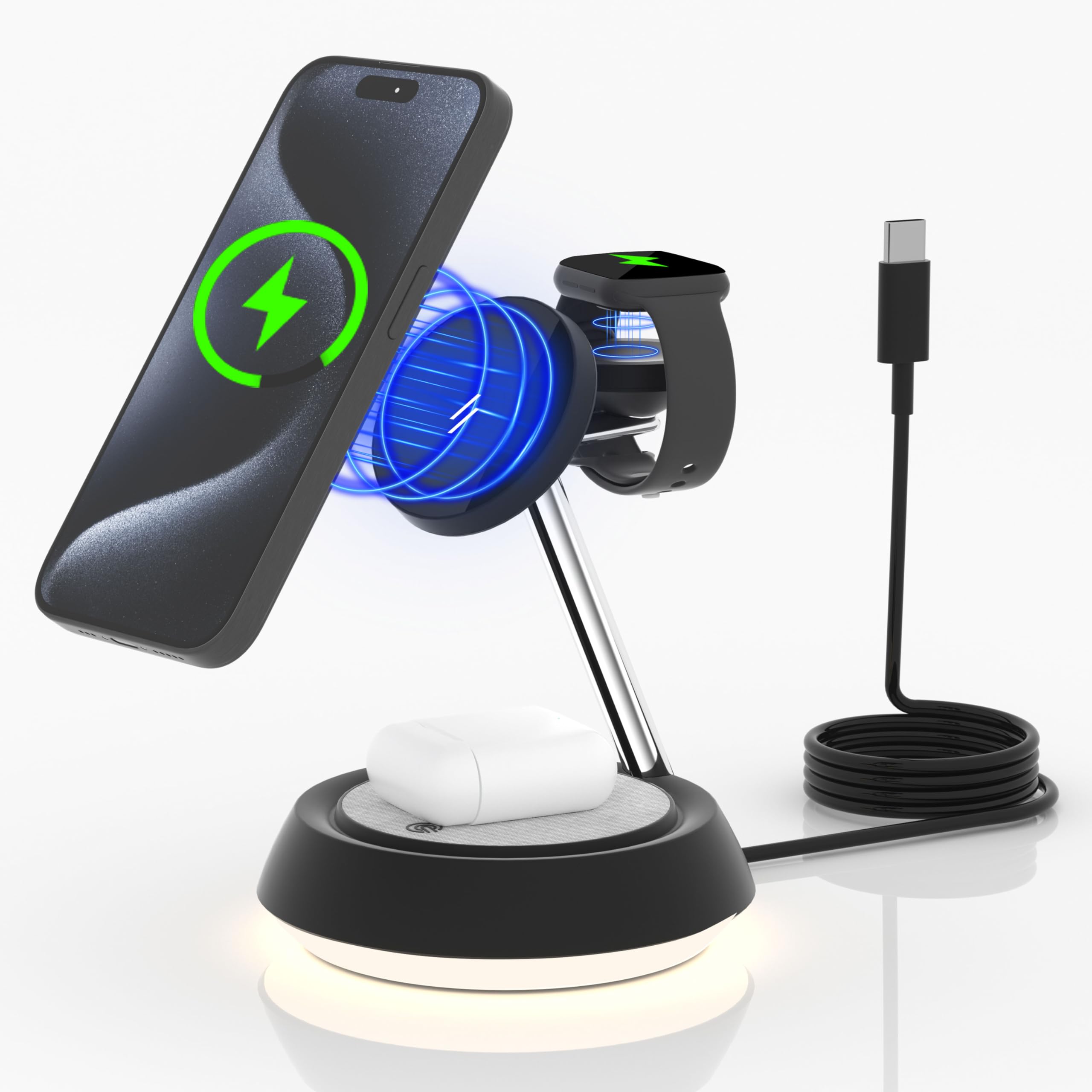 Gdraco Mag-safe Wireless Charger Stand 3 in 1 Wireless Charging Station With Night Light for iphone 15/14/13/12,11-8（Need Magnetic Case）for Apple Watch Ultra/SE/S1 to S9 for Apple AirPods 3/2/Pro/Pro2
