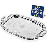 Hakan Stainless Steel Serving Tray with Handles, 19 x 11.6-inch Ornamental Rectangular Decorative Design Platter for Table. Party, Centerpiece Platter, Antique Wedding Decor, Silver