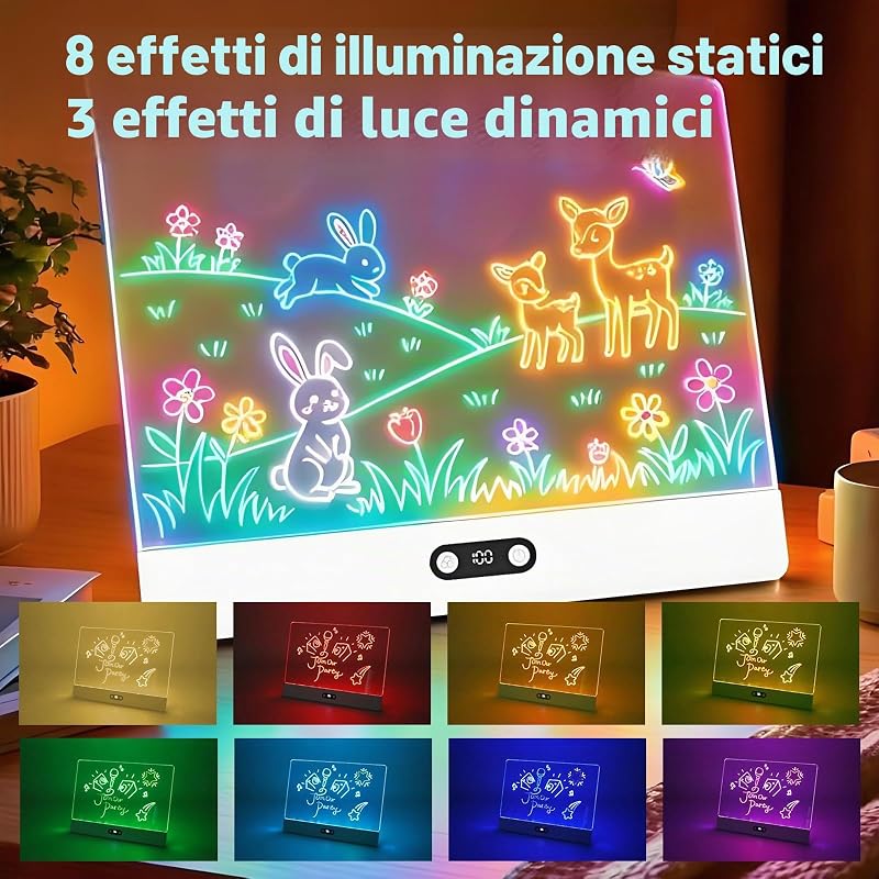 Tavola da Disegno a LED,35x26 cm Tavoletta Grafica Bambini Ricaricabile,8 Colori,3 Modalità,Lavagna Luminosa per Disegnare,Tavola Arte Neon Cancellabile per Appunti,Scarabocchiare-Bianco — foto 3 di 8
