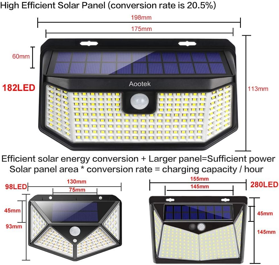 Aootek 182 Led Solar outdoor motion sensor lights upgraded Solar Panel to 15.3 in2 and 3 modes(Security/ Permanent On all night/ Smart brightness control )with IP65 Waterproof with Wide Angle(2pack) - - 