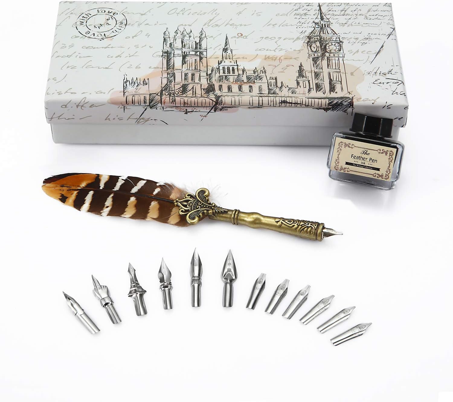 Calligraphy Pen Feather Quill Pen with Ink Set Metal Pen Nibs Vintage