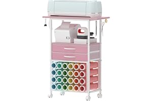 VENNQD Organizer and Storage Stand Compatible with Cricut Machines,Rolling Storage Cart/Shelf with 24 Vinyl Roll Holders，2 Fabric Drawer,Accessories Holder,Tool Hook for Craft Room Home (Pink)