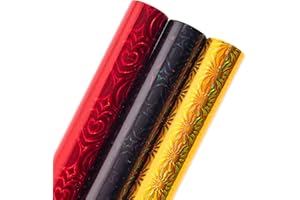 LeZakaa Holographic Foil Wrapping Paper - Mini Roll - Black Star/Red Heart/Gold Sun Print for Christmas, Holiday, Wedding, Birthday - 17 x 120 inches - 3 Rolls (42.5 sq.ft.ttl.)
