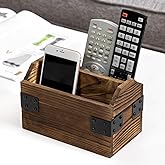 MyGift Rustic Burnt Wood TV Remote Holder with Black Metal Accents | Two Compartments, Easy Access, Keeps Controllers Tidy, Rustic Accent, Tabletop Organization, Entertainment Area Styling