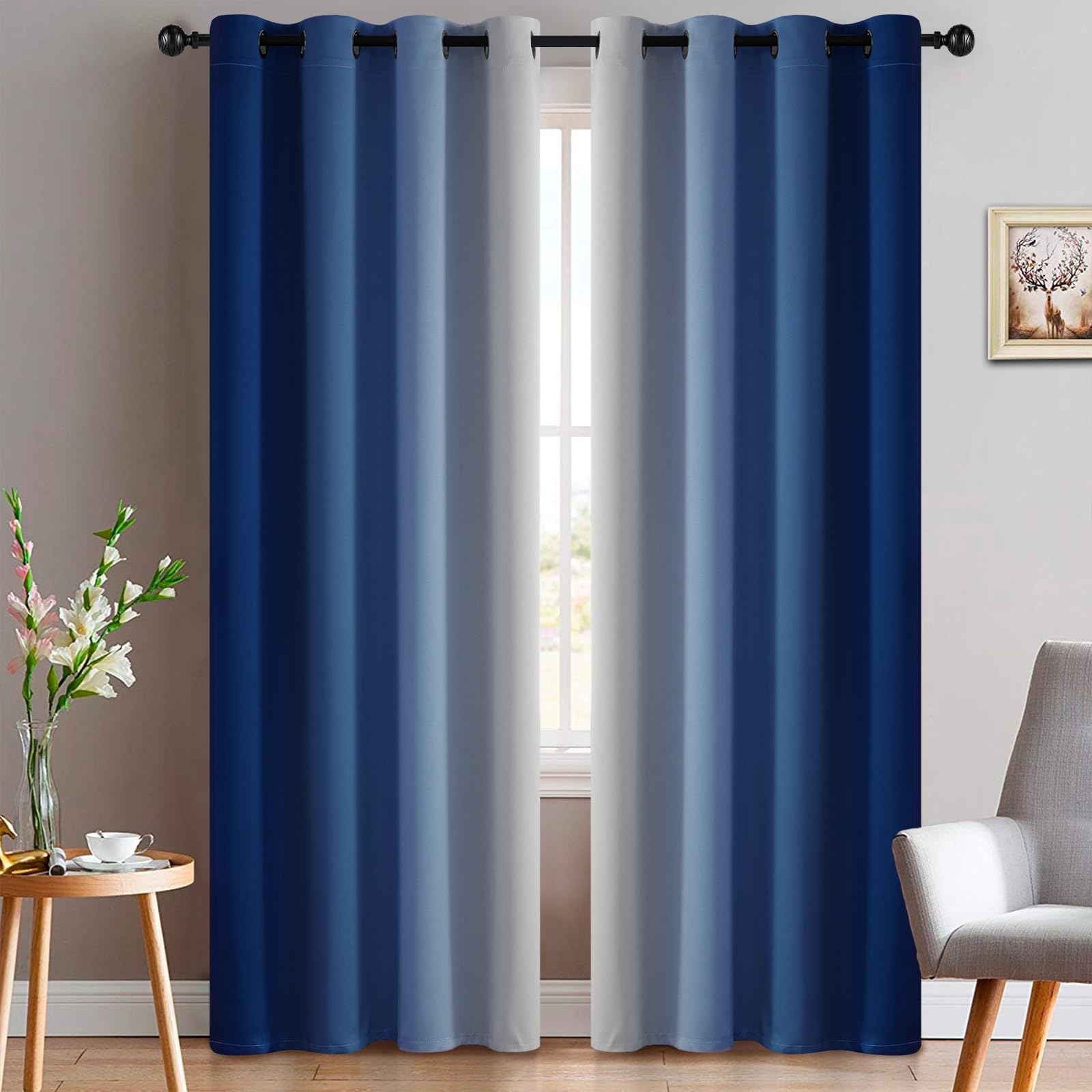 Yakamok Greyish White and Royal Blue Ombre Curtains,Light Blocking Curtains,Room Darkening Grommet Window Drapes for Bedroom(Royal Blue,52x84 Inch,2 Panels) Image
