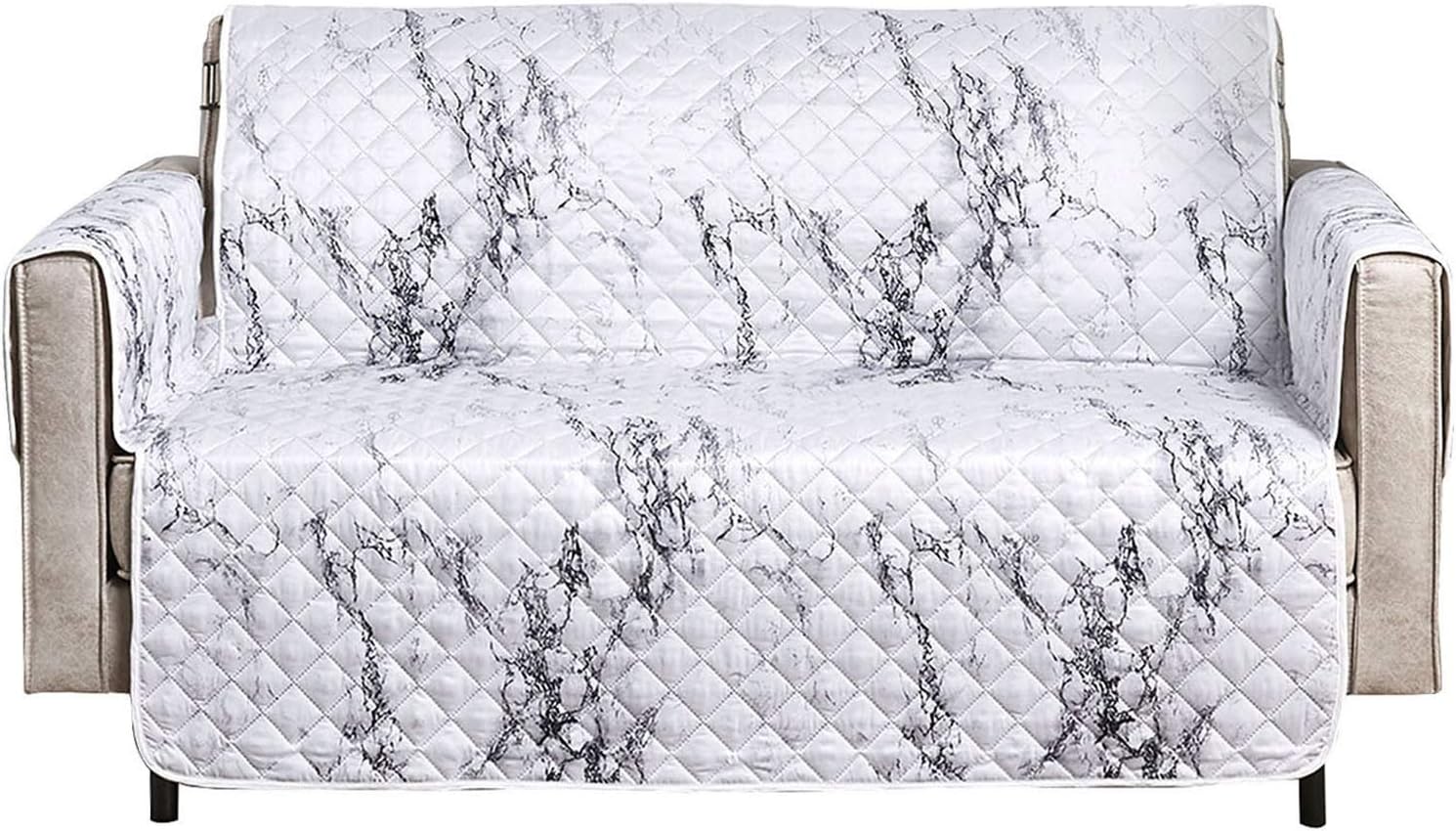 Wake In Cloud - Sofa Cover 100% Waterproof Non-Slip, Pets Dogs Cats Kids Furniture Protector 2 Cushion Couch Slip Cover, Elastic Strap, Black White and Gray Grey Marble (54" Loveseat)