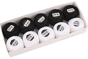 AMOHilos Size 8 Double Mercerized Egyptian Long Staple Cotton Pearl Thread Ball 10 Grams 87 Yards Embroidery Thread 10 per Box for Crochet Hardanger Cross Stitch Hand Embroidery (Set Black and White)