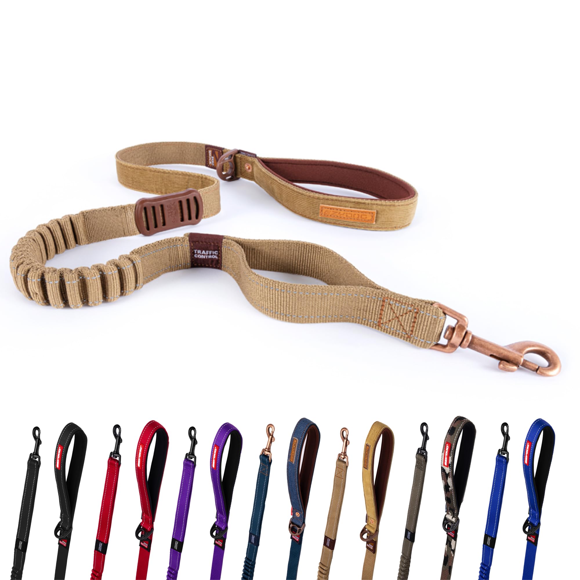 EzyDog Zero Shock Dog Lead - Shock Absorbing - Anti Pull Lead for Medium Dogs, Dog Leads For Large Dogs - Soft Double Handle, Traffic Control, 1.2m – Corduroy