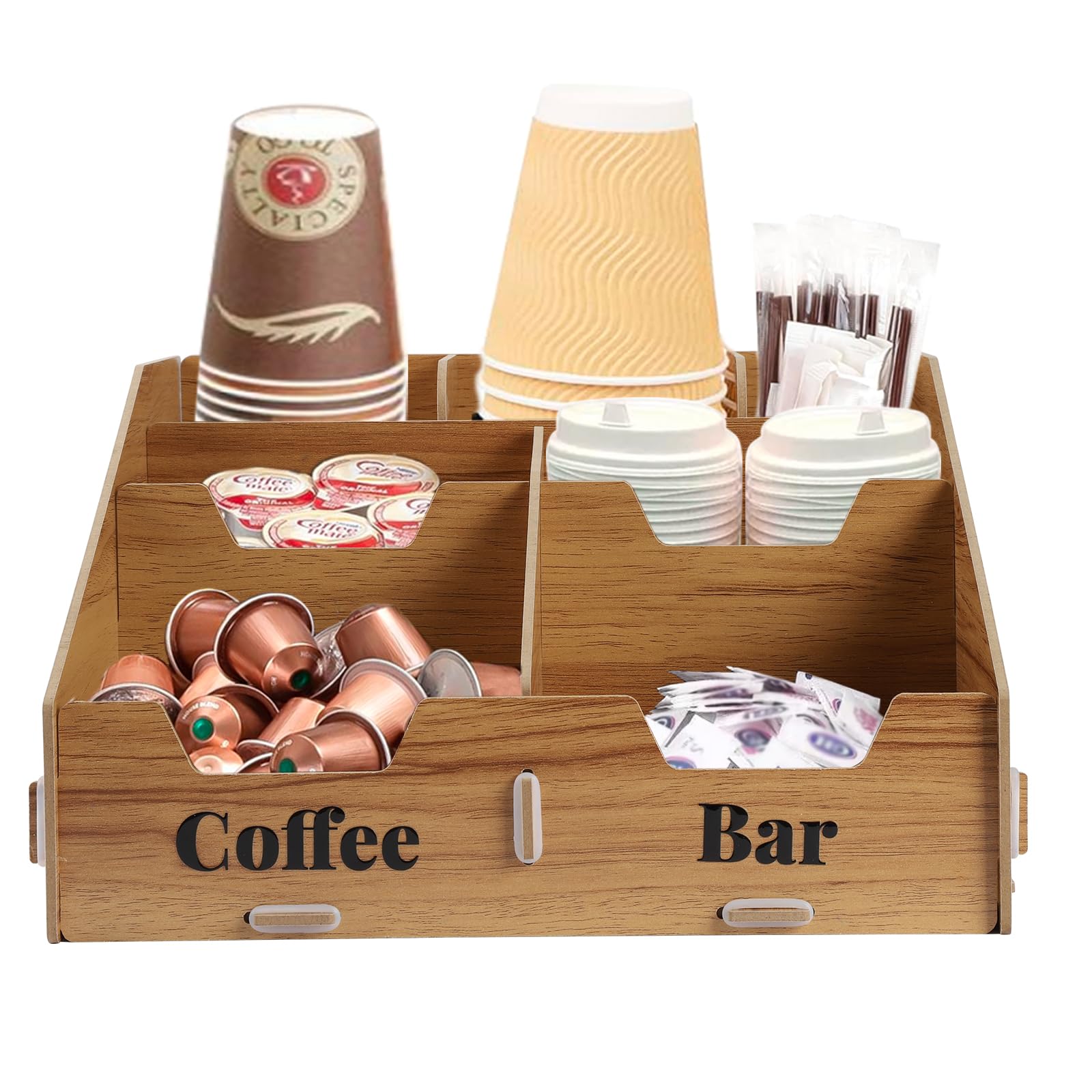 Gzsekken Coffee Station Organizer,Coffee Organiser Station Caddy Kitchen Wooden Organiser Condiment Storage Bar Accessories and Organisation- 7 Compartments