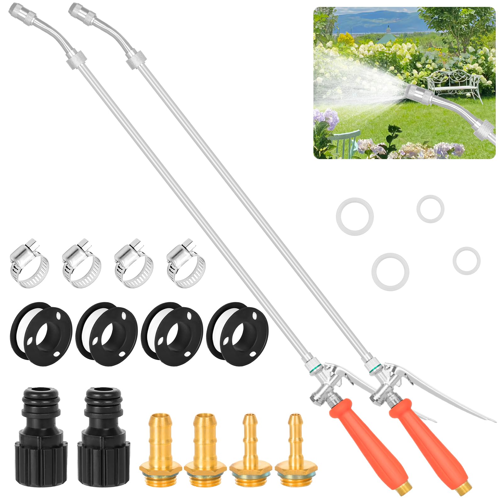 Photo 1 of 2Pcs 29" All Metal Replacement Sprayer Wand, Suitable for 1/2" Hose Quick Connector, 1/4" & 3/8" & 1/2" Brass Barb Spray Wand, Built-in Shut Valve Stainless Steel Spray Wand