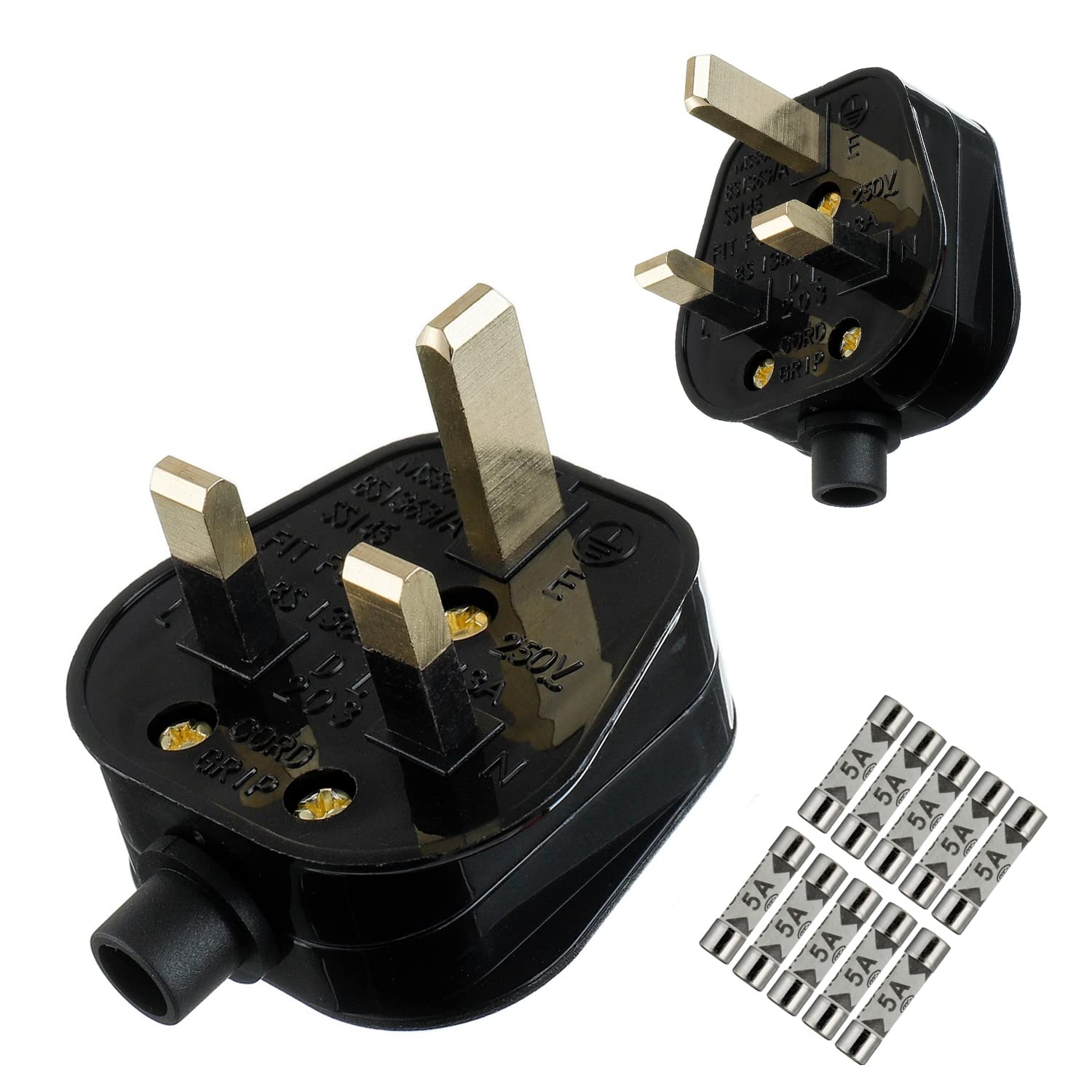 HUAREW 5A Fused Mains Plug With Cord Grip For UK Fuses Black (Pack of 2 pcs ）