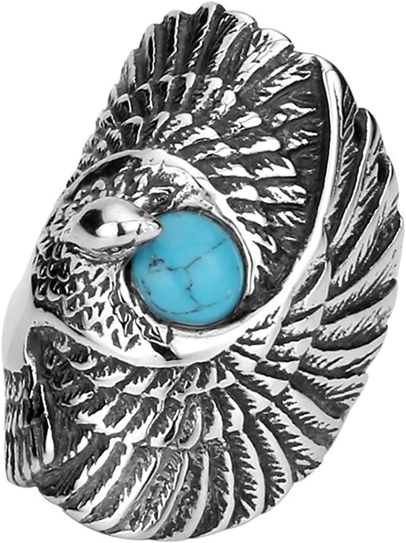 YBMEN Mens Rings Eagle Mens Titanium Ring with Turquoise Eagle with Turquoise Ring Wide