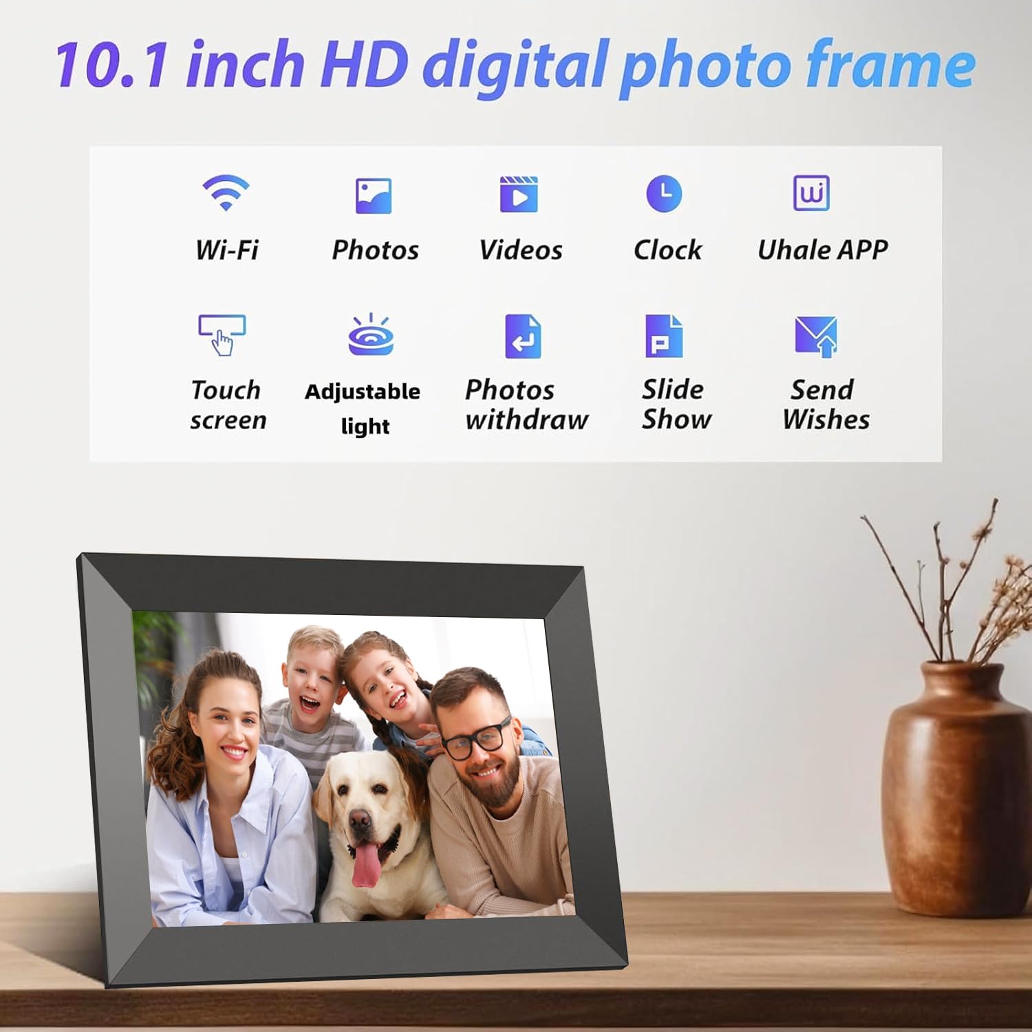 Uhale Digital Picture Frame WiFi 10.1 inch HD IPS Touch Screen Electronic Picture Frame Slideshow Smart Loop Digital Photo Frame with APP & SD Card Slot to Load Photos & Videos from Your Phone
