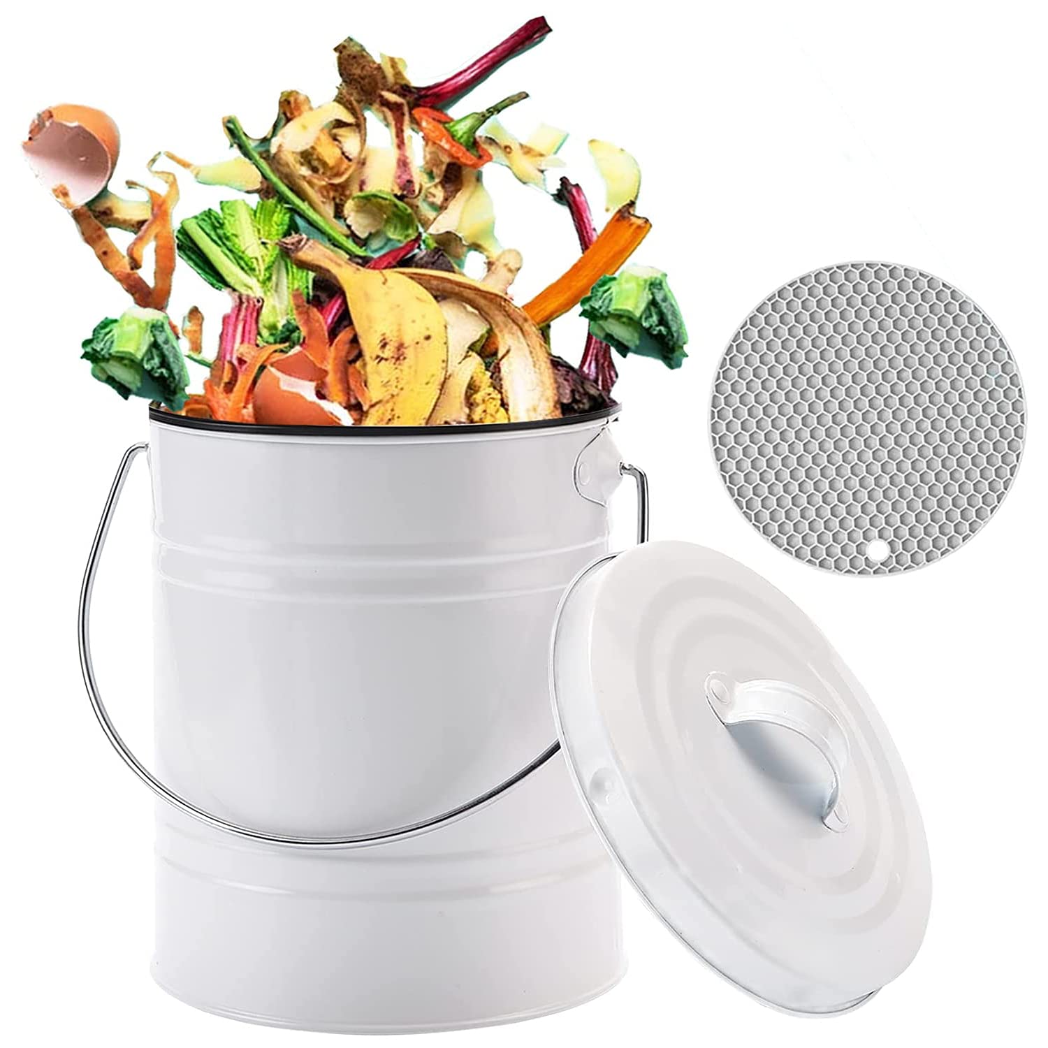 Photo 1 of Compost Bin for Kitchen Counter, LALASTAR Small Metal Compost Bin Indoor Kitchen Sealed with Lid for Food Waste, Countertop Composter Container, White, 1 Gallon