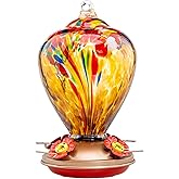 LaElvish Garden Hummingbird Feeder, 34OZ Hand Blown Glass Hummingbird Feeders for Outdoors Hanging, 4 Feeding Perch with Ant Moat Leakproof, Garden Yard Decor Gifts for Women Mom (Golden Balloon)