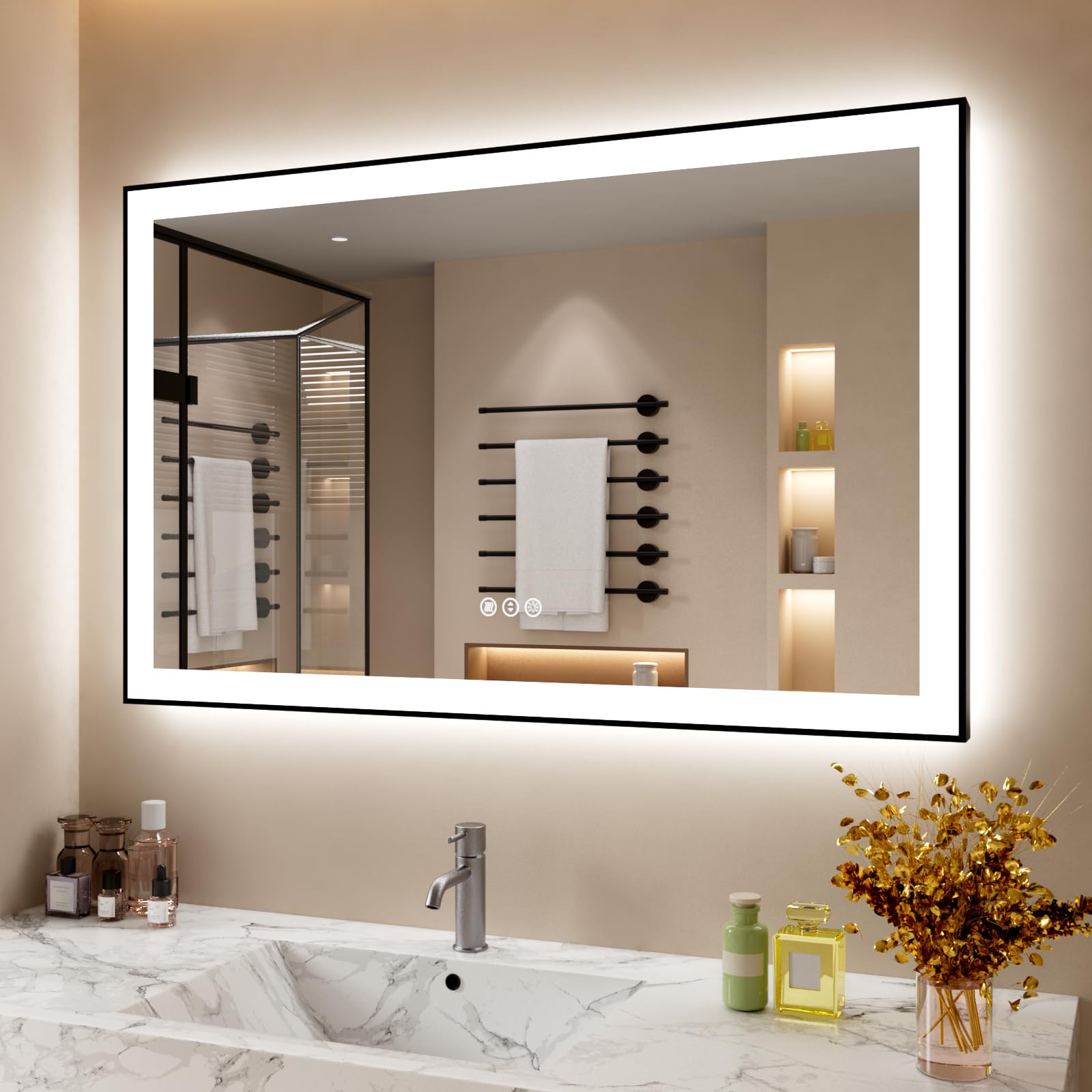 Photo 1 of ISTRIPMF 48x30 Inch LED Bathroom Mirror with Black Frame, Backlit and Front Lighted Bathroom Mirrors for Wall, Anti-Fog, Dimmable, Memory, Shatterproof, LED Vanity Mirror for Bathroom