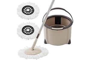 Eyliden 360° Spin Mop Bucket System - Rapid Dry, 2 Microfiber Pads, Adjustable Handle - Mop and Bucket for Home & Commercial Floors, Brown