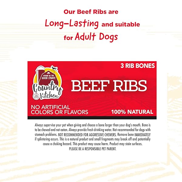 COUNTRY KITCHEN BEEF RIB BONES DOG TREATS, 100% NATURAL, 3 COUNT