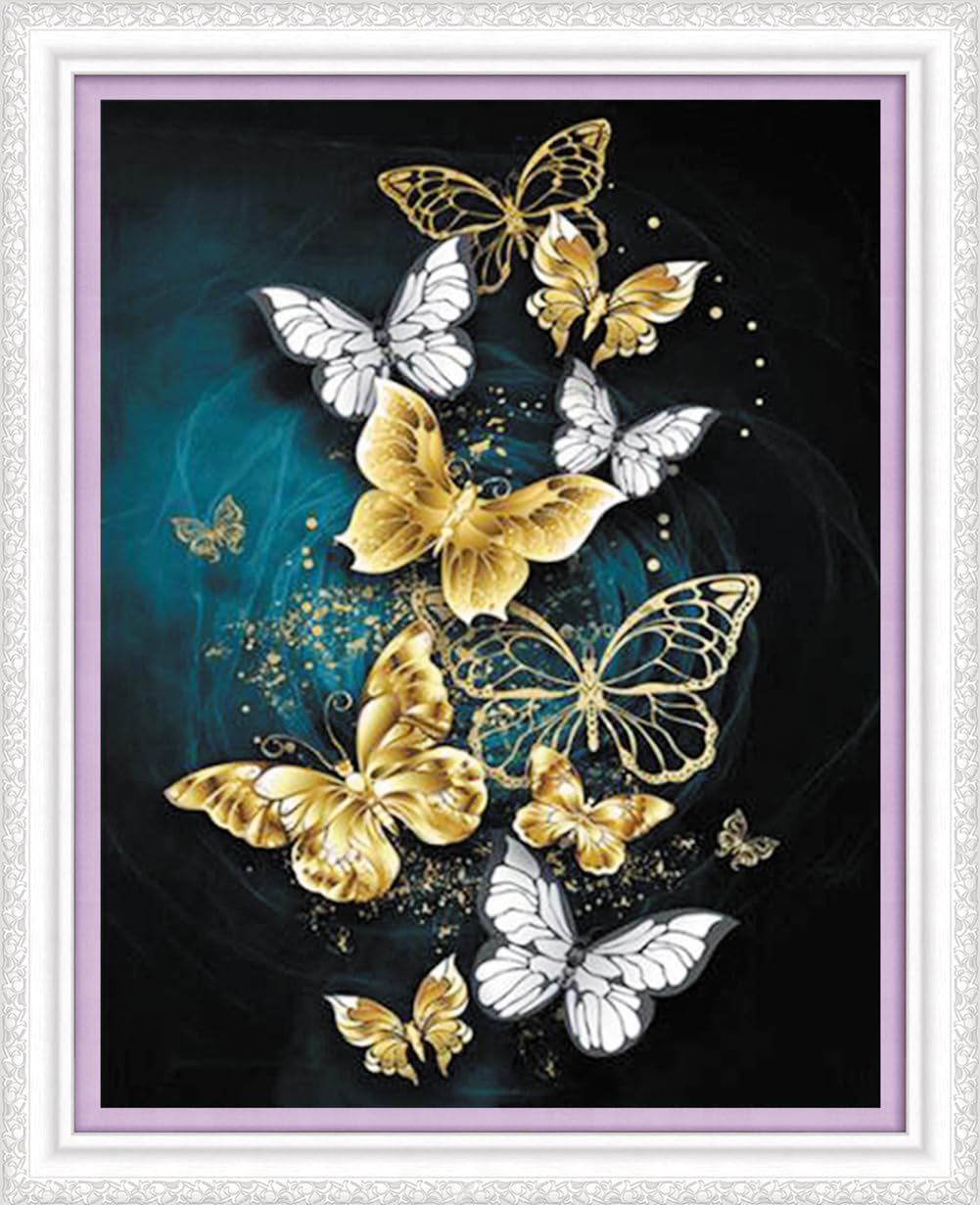 YEESAM ART Cross Stitch Kits for Adults Beginners Butterflies Gold White Butterfly Rose Pre Printed 11ct, DIY Stamped Embroidery Starter Kit Easy Sewing Set Home Decor