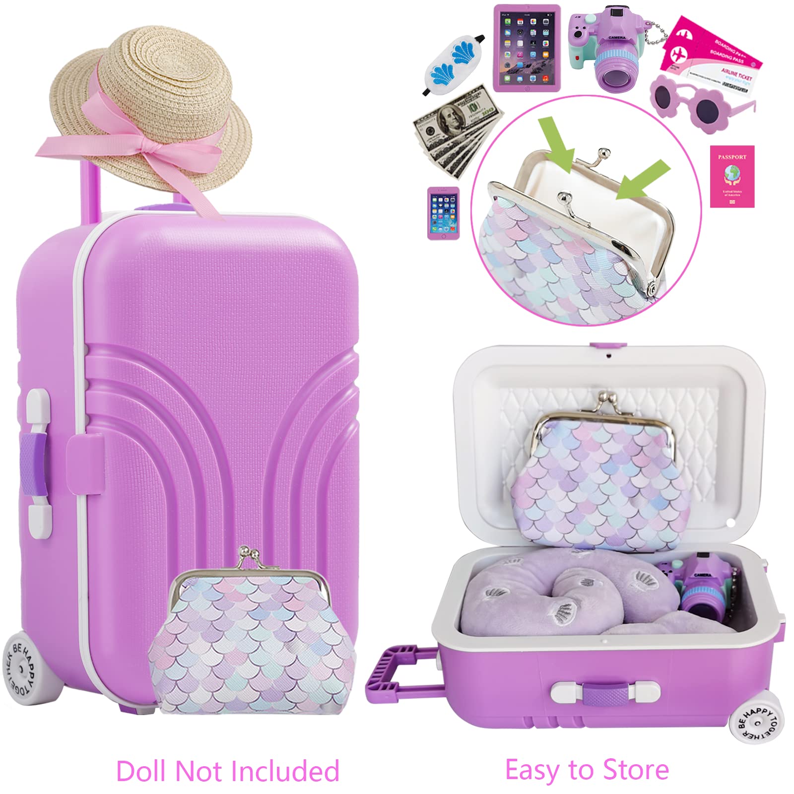 18 Inch Doll Suitcase Travel Luggage Play Set, Mermaid Theme Travel Carrier Storage Accessories for 18inch Doll, Include Case, Clothes, Hat, Sunglasses, Camera, Pillow, Toy Pet