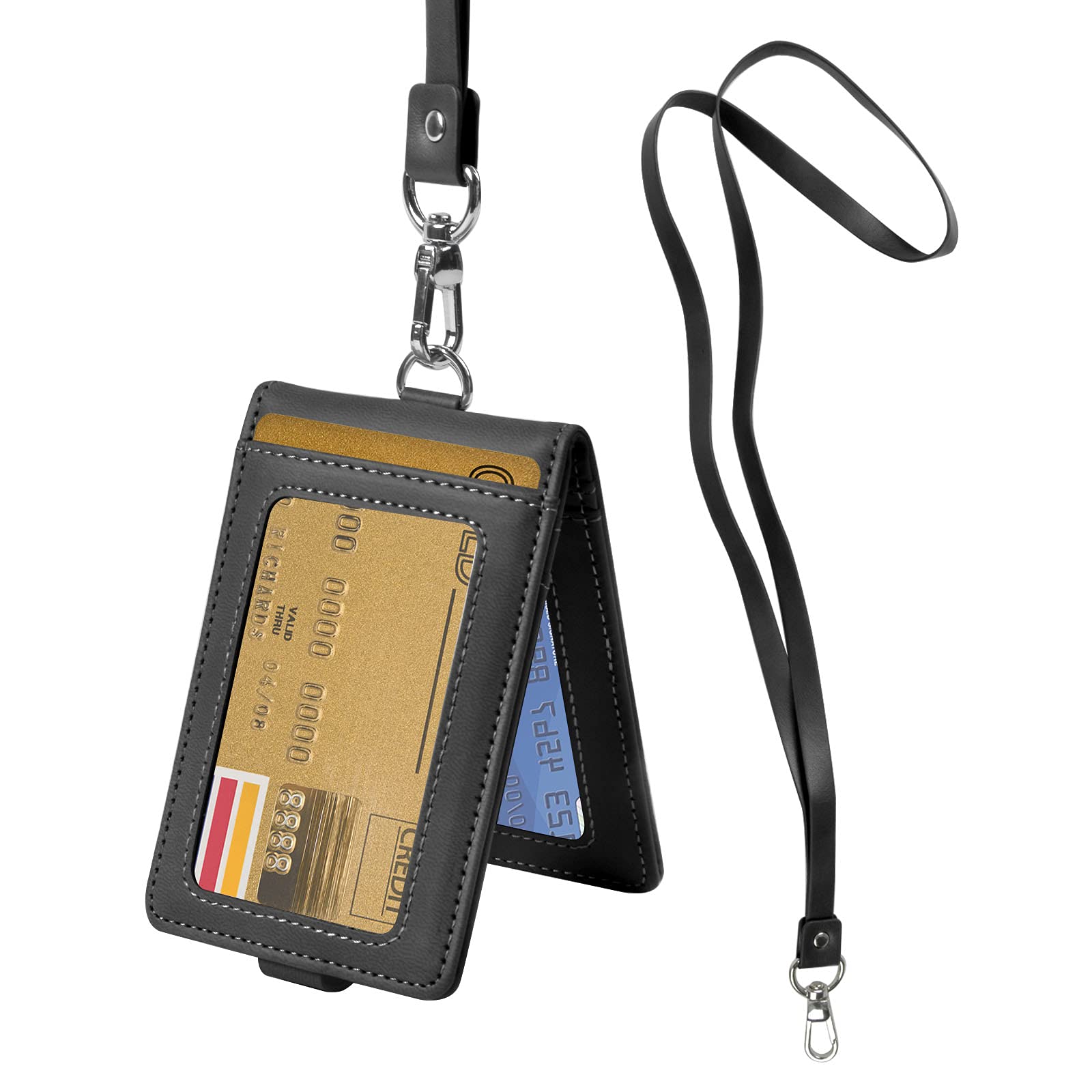 Badge Holder with Lanyard ID Card Holder PU Leather Vertical ID Card Holder Protection Sleeves for Business Card Student Card Bus, Holds Up to 5 Cards, Black