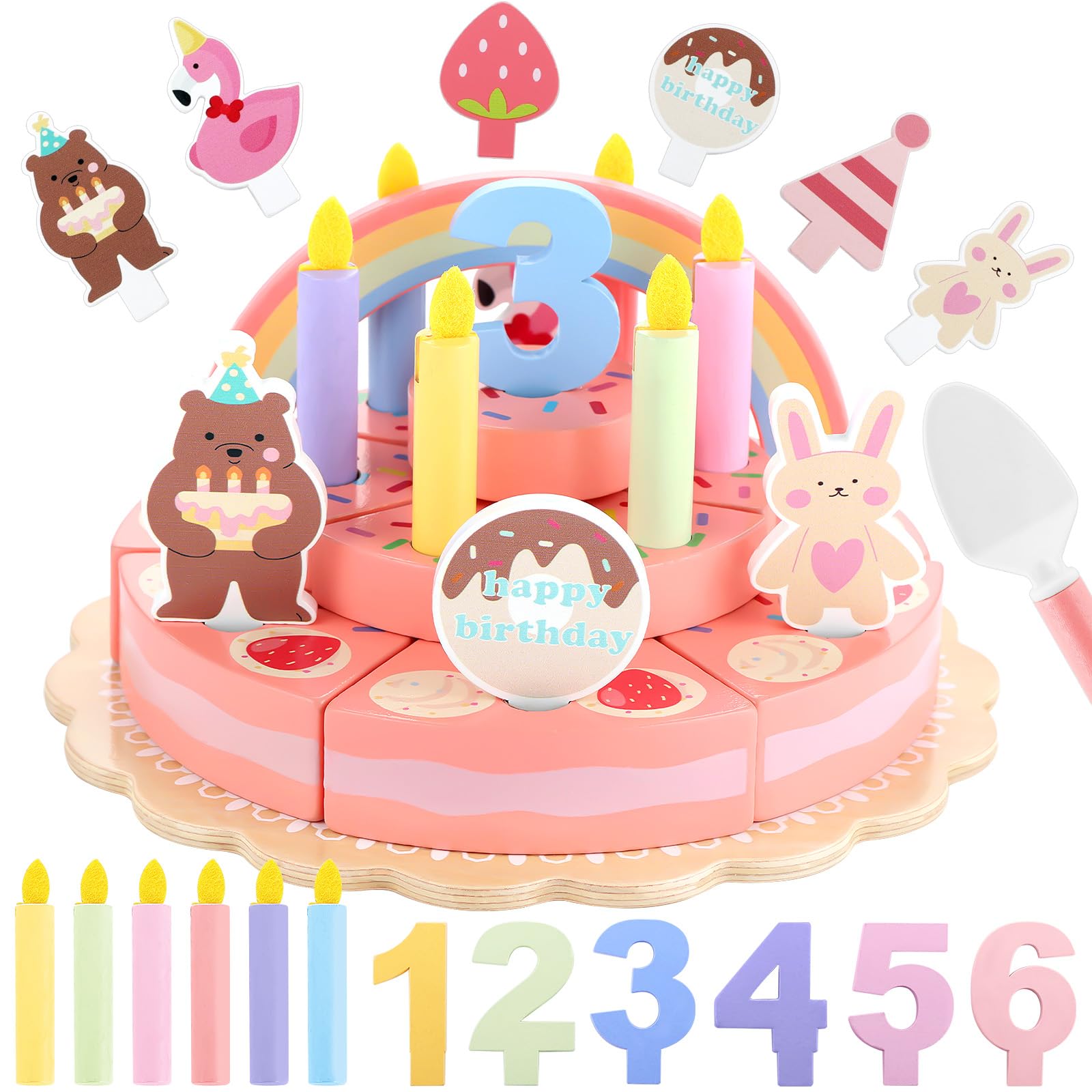 GAGAKU Wooden Birthday Cake Toy – 3-Tier Fake Birthday Cake Play Set for Kids Toddlers 2 Year Old Wooden Play Food Set & Educational Toys for 2 Year Old Learning Toys