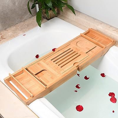 Buy Mildays Bamboo Bathtub Tray Bath Table Adjustable Caddy Tray With Extending Sides Cellphone Tray And Wineglass Holder Online In Indonesia B092mcd824