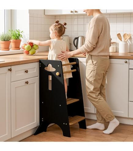 Tour d'apprentissage Aides de cuisine pour enfants Bois Tabouret pour enfants 3 marches réglables en hauteur, facile à nettoyer, stable, LxlxH 32x42x80 cm