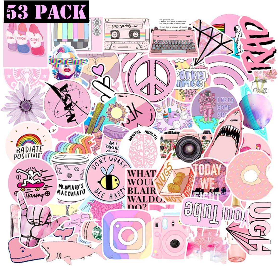 EHOPE 53PCS Water Bottles Stickers Pink Stickers Lovely Waterproof Aesthetic Trendy Summer Stickers for Teens Girls Perfect for Waterbottle Laptop Phone Travel (Pink 53PCS)