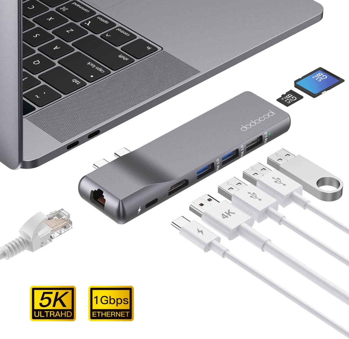 USB C Hub, dodocool MacBook Pro Adapter with 1Gbps Gigabit Ethernet, 4K HDMI, Thunderbolt 3 100W PD, 3 USB Port, 512GB SD/TF Card Reader Compatible with MacBook Air 2019/2018/ MacBook Pro 2019/2018