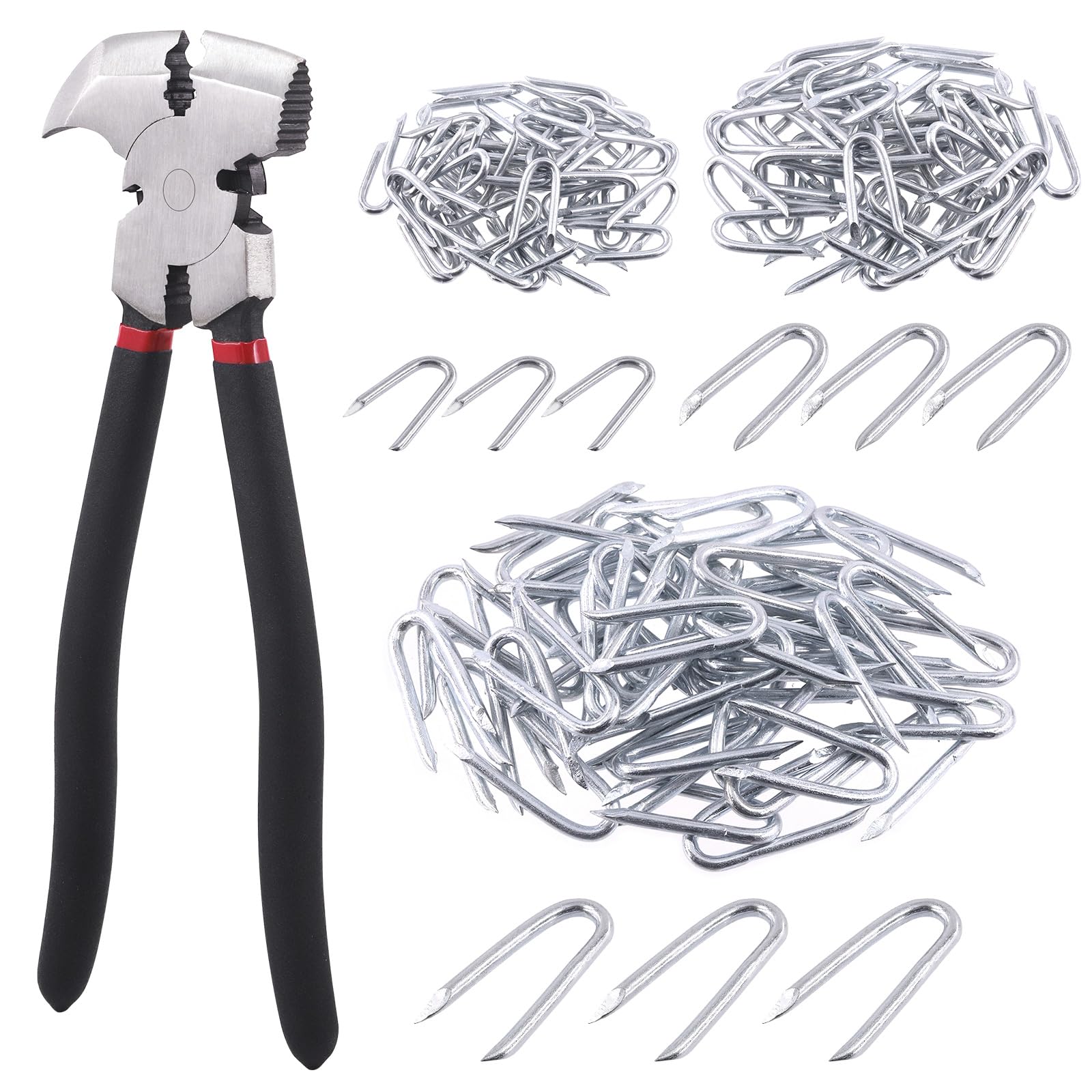 Keadic 151Pcs Galvanized Steel Wire Fencing Staples Assortment Set with Fencing Pliers, 20mm 30mm 40mm Length U-Shaped Fasteners Nails and 10” Barbed Wire Fence Tools for Wire Mesh Woven Fencing