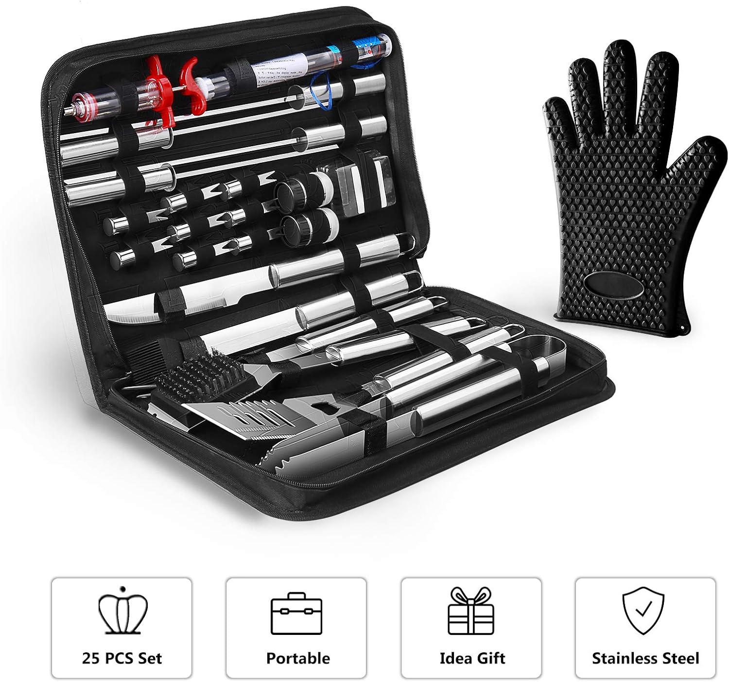 OlarHike Grilling Accessories BBQ Grill Tools Set, 25PCS Stainless Steel Grilling Kit for Smoker, Camping, Kitchen, Barbecue Utensil Gifts for Men Women with Thermometer and Meat Injector : Garden & Outdoor