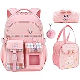 Uamdrup Girl Backpack for School Kids, Pink Cute Bookbag with Lunch Box Rainbow Elementary School Bag Pencil Case (Pink,3Pcs Set)