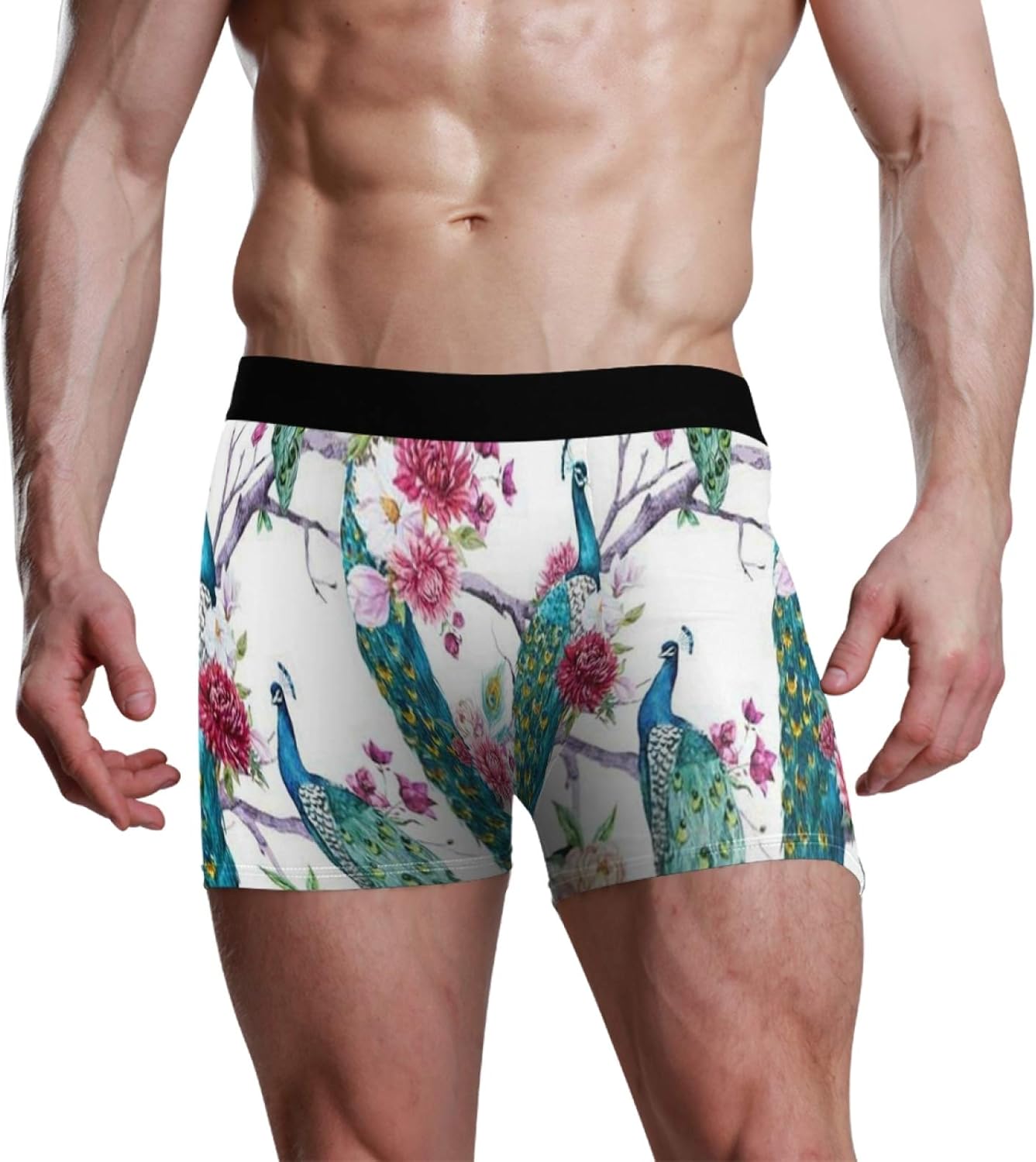 Boxer Briefs for Men,Boxer Briefs Peacock Tree Pink Flower Pattern