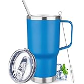 20 oz Tumbler with Handle Stainless Steel Insulated Coffee Mug Tumbler with Lid and Straw Double Wall Vacuum Insulated Coffee Mug Leak Proof Travel Mug Tumbler for Hot and Cold Drink (Sea Blue,1pack)