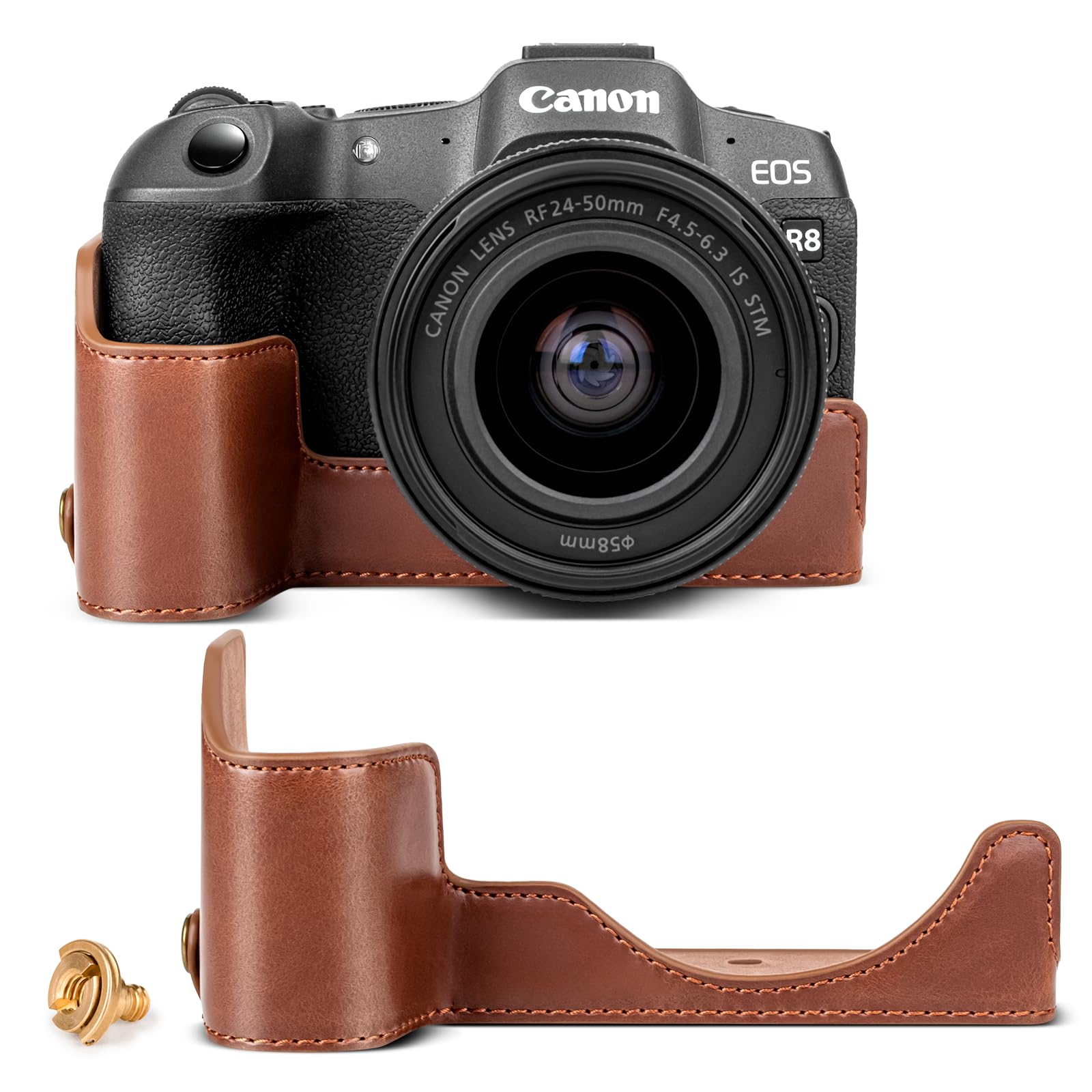 Rieibi R8 Half Case, Handmade PU Leather Half Camera Case for Canon EOS R8 Camera protection case,Coffee