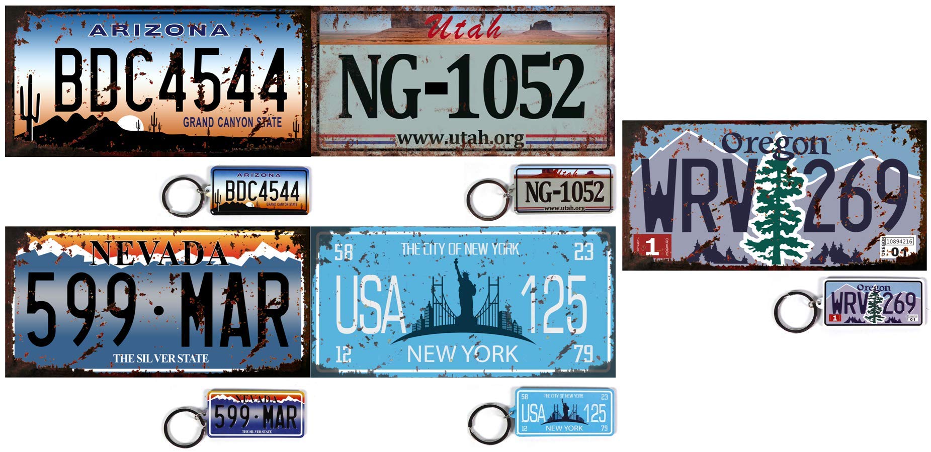 OPO 10 - Set of 5 LICENSE PLATES + 5 USA metal KEYCHAINS - replicas of real American plates (OLD1 + 5PC)