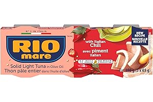 Rio Mare - Solid Light Tuna in Olive Oil with Italian Chili - Canned Tuna, High in Protein - 3 x 65g Cans (195g Canned Tuna)