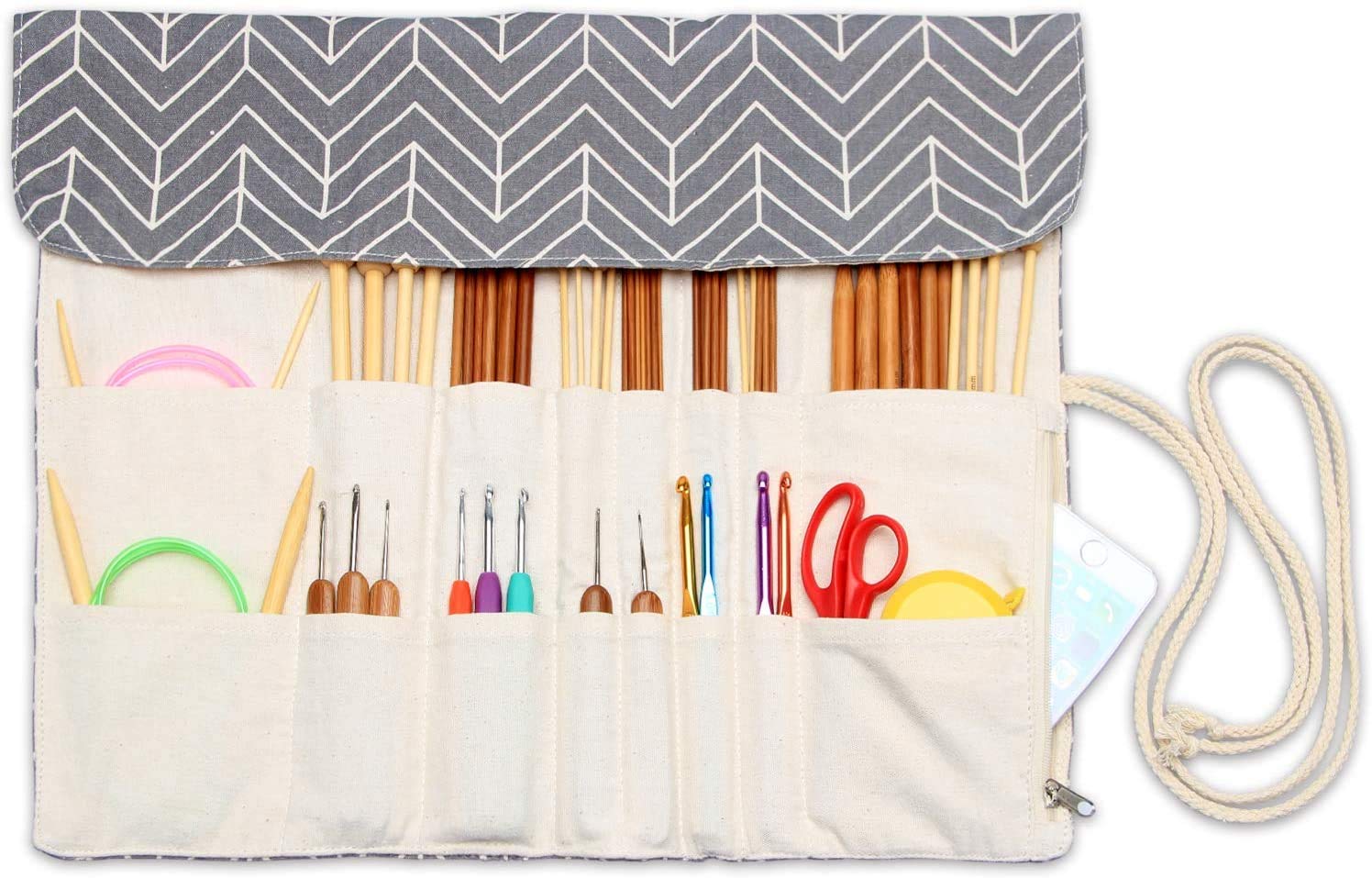 Teamoy Knitting Needle Wrap, Knitting Needle Cases with Slots for Knitting Needles (up to 14-Inch/35.5cm), Crochet Hooks, Circular Knitting Needles and Accessories-NO ACCESSORIES INCLUDED, Grey