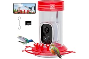 BIRDKISS Hummingbird Feeder with Camera, Smart Camera with SD Card, Close-Up Bird Watching, Auto Capture Birds & Notify in Time, Ant and Bee Proof Bird Feeder for Outdoors Hanging, 32 Ounces (Red)