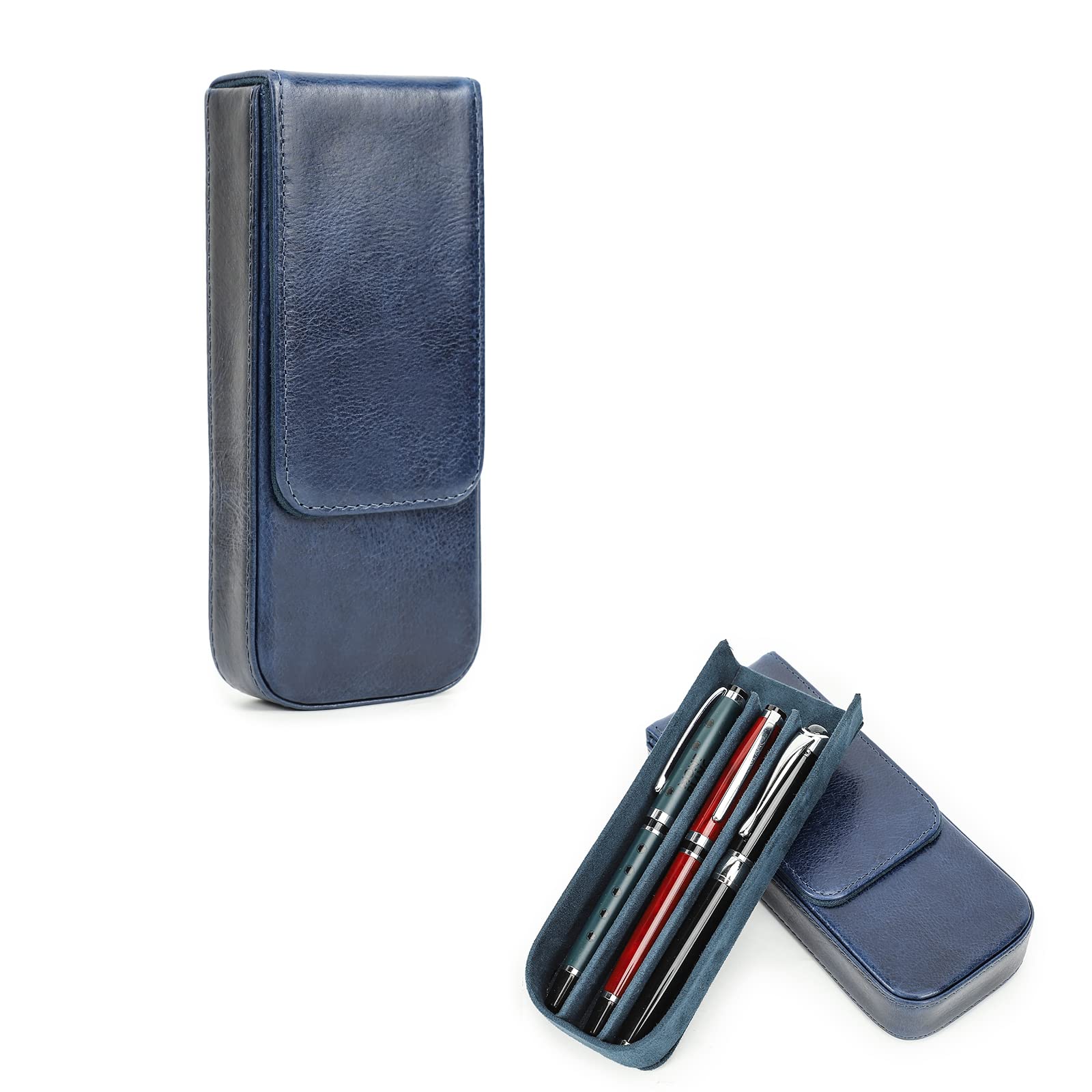 Hiram Leather Box for 3 Fountain Pens - Vegetable Tanned Storage Case With Hidden Magnetic Snap Closure and Pen Tray Design (Blue)
