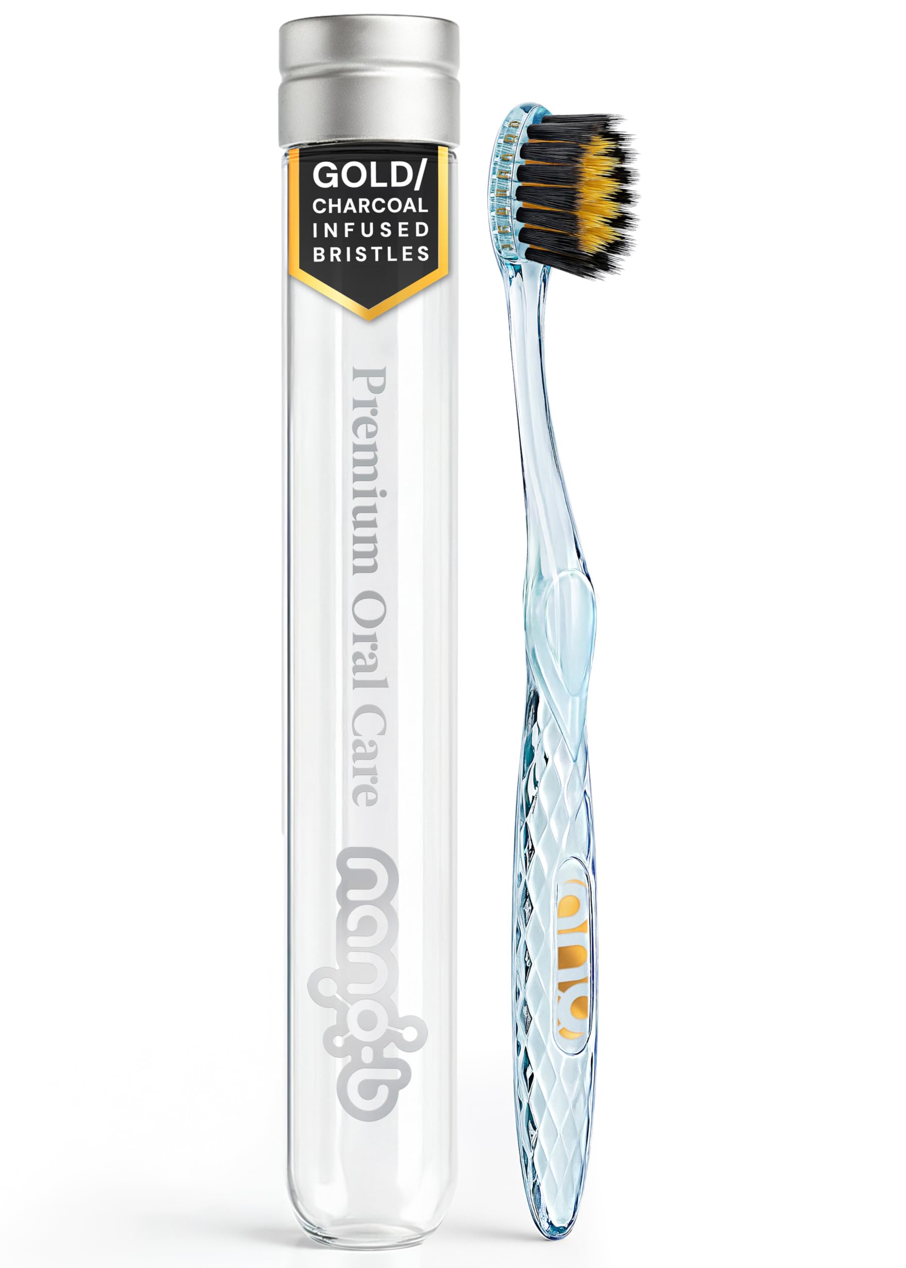 Manual Toothbrush for Adults with Sensitive Gums, Gold & Charcoal Soft/Medium Bristles, Travel Case, Blue