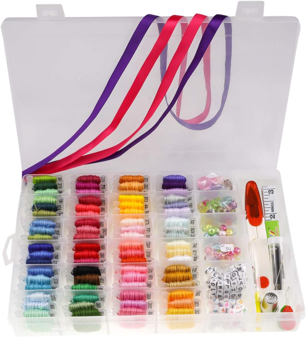 Girls Friendship Bracelet String Set of 399PCS - 72 Embroidery Floss Thread with Organizer Storage Box Cross Stitch Kit,Prewound Floss Bobbins,Complete 26 Letter Beads and Ribbons